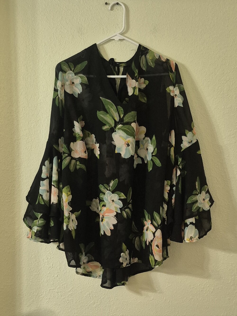 Truth NYC Black Floral V-Neck Chiffon Tunic with Bell Sleeves